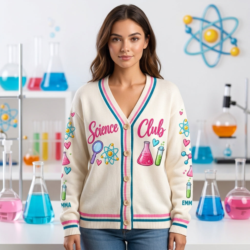 Custom Science Club In My Scientist Era Knitted Cardigan - Personalized STEM Gift - mockup 2