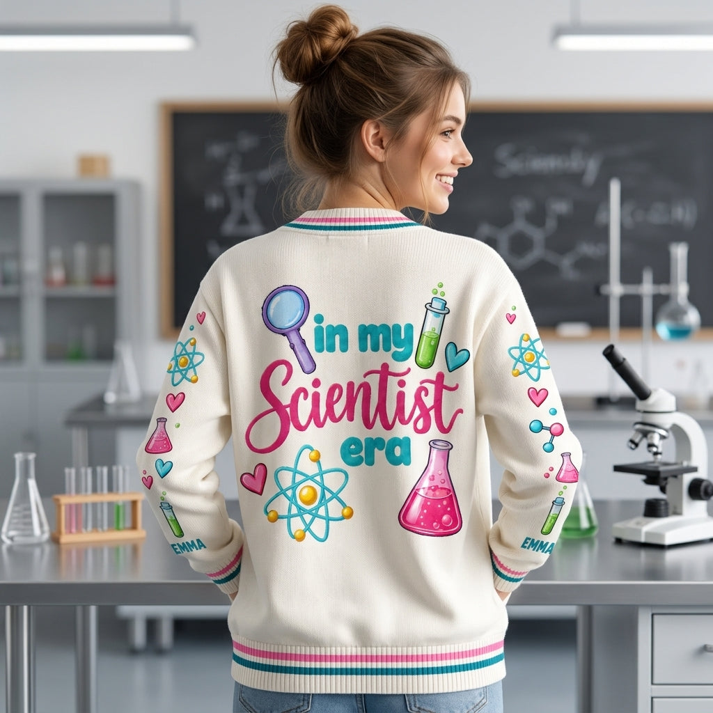 Custom Science Club In My Scientist Era Knitted Cardigan - Personalized STEM Gift - mockup 3