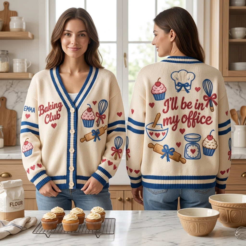 Personalized Baking Club Knitted Cardigan - Custom Baker Gift - mockup 1