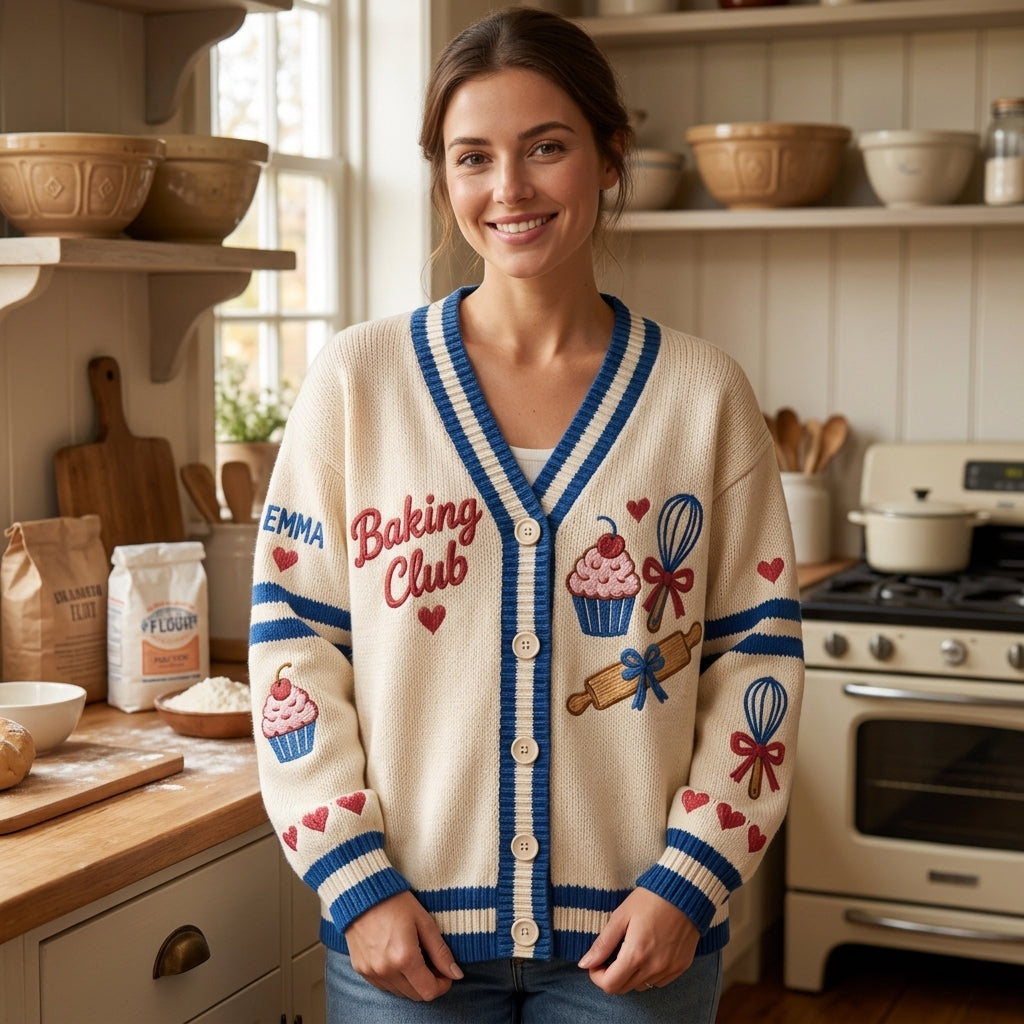 Personalized Baking Club Knitted Cardigan - Custom Baker Gift - mockup 2