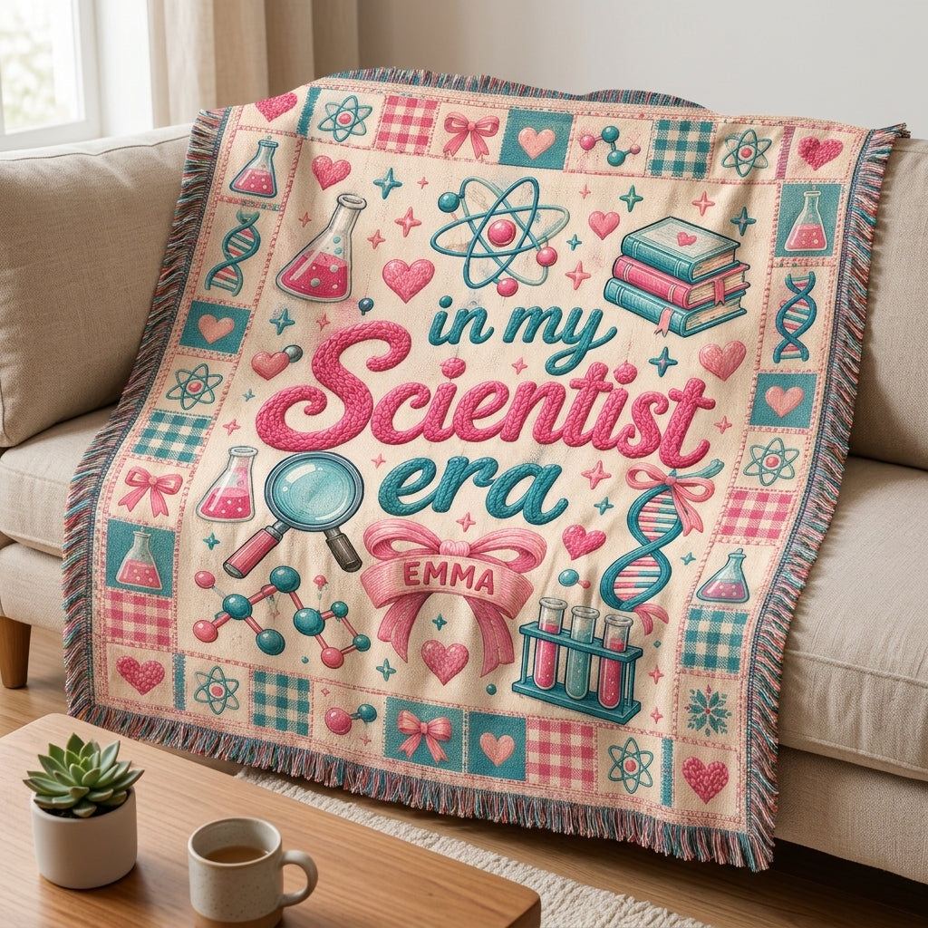 Personalized In My Scientist Era Woven Blanket – Custom Name Science Gift for Girls - mockup 1
