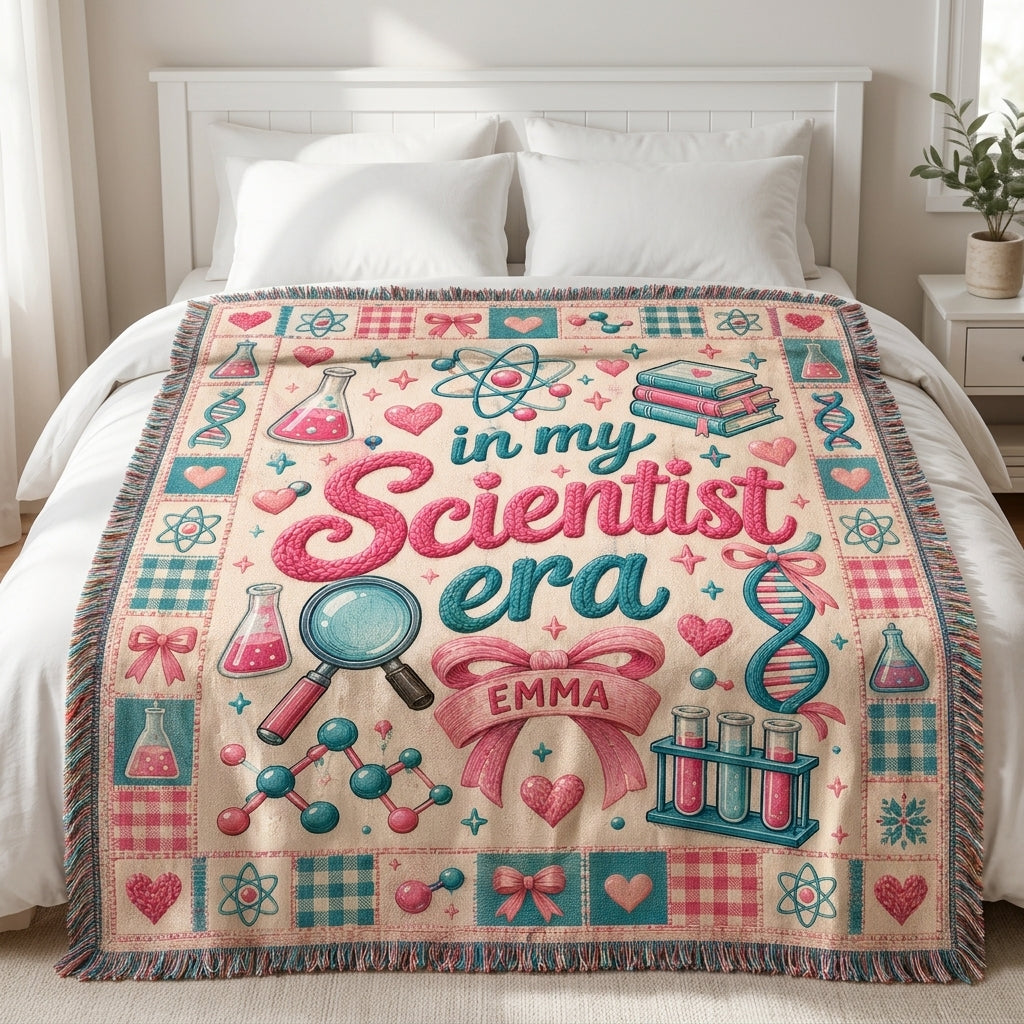 Personalized In My Scientist Era Woven Blanket – Custom Name Science Gift for Girls - mockup 3