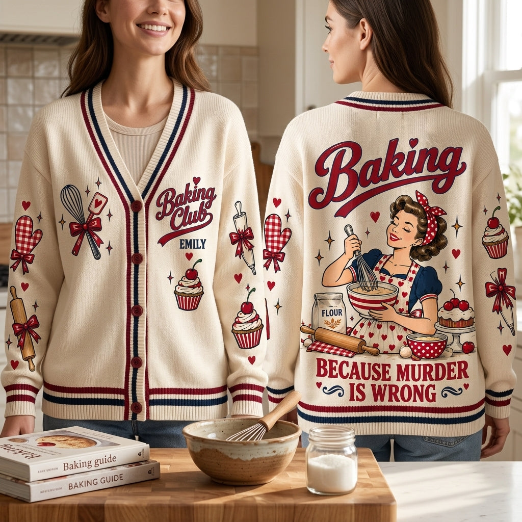 Personalized Baking Club Knitted Cardigan - Funny Retro Pin-Up Baker Gift - mockup 1