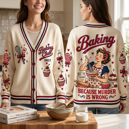 Personalized Baking Club Knitted Cardigan - Funny Retro Pin-Up Baker Gift - mockup 1