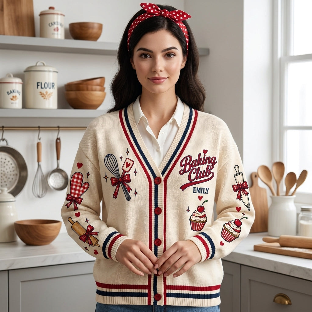 Personalized Baking Club Knitted Cardigan - Funny Retro Pin-Up Baker Gift - mockup 2