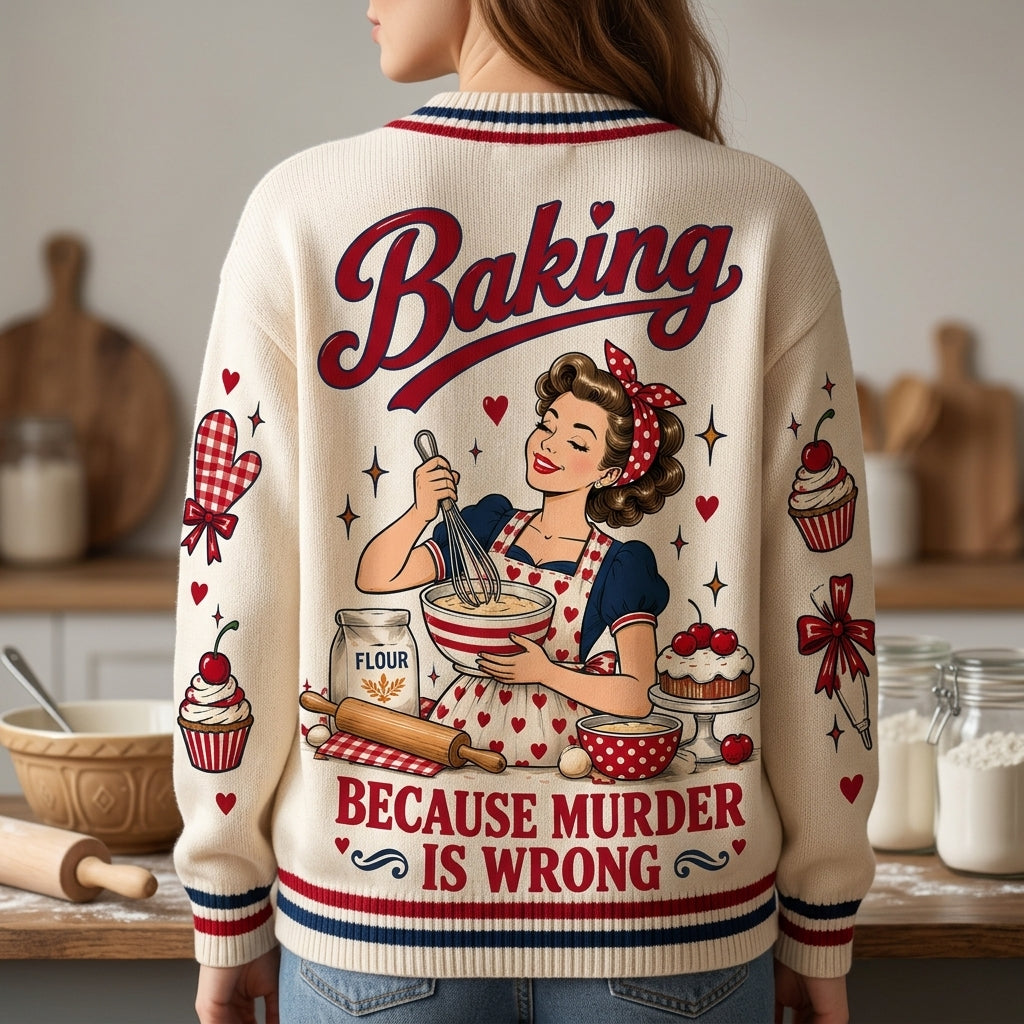 Personalized Baking Club Knitted Cardigan - Funny Retro Pin-Up Baker Gift - mockup 3