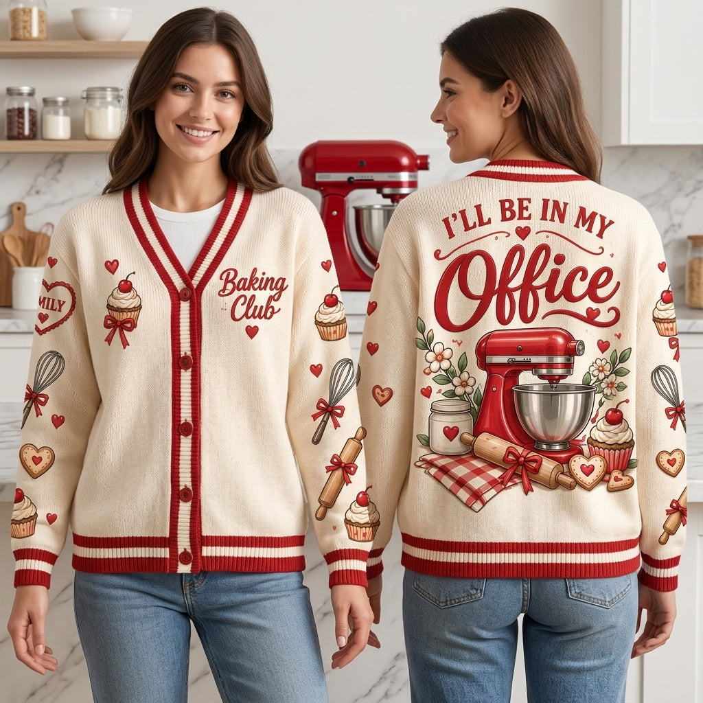 Custom Baking Club "I'll Be In My Office" Knitted Cardigan – Gift for Bakers - mockup 1
