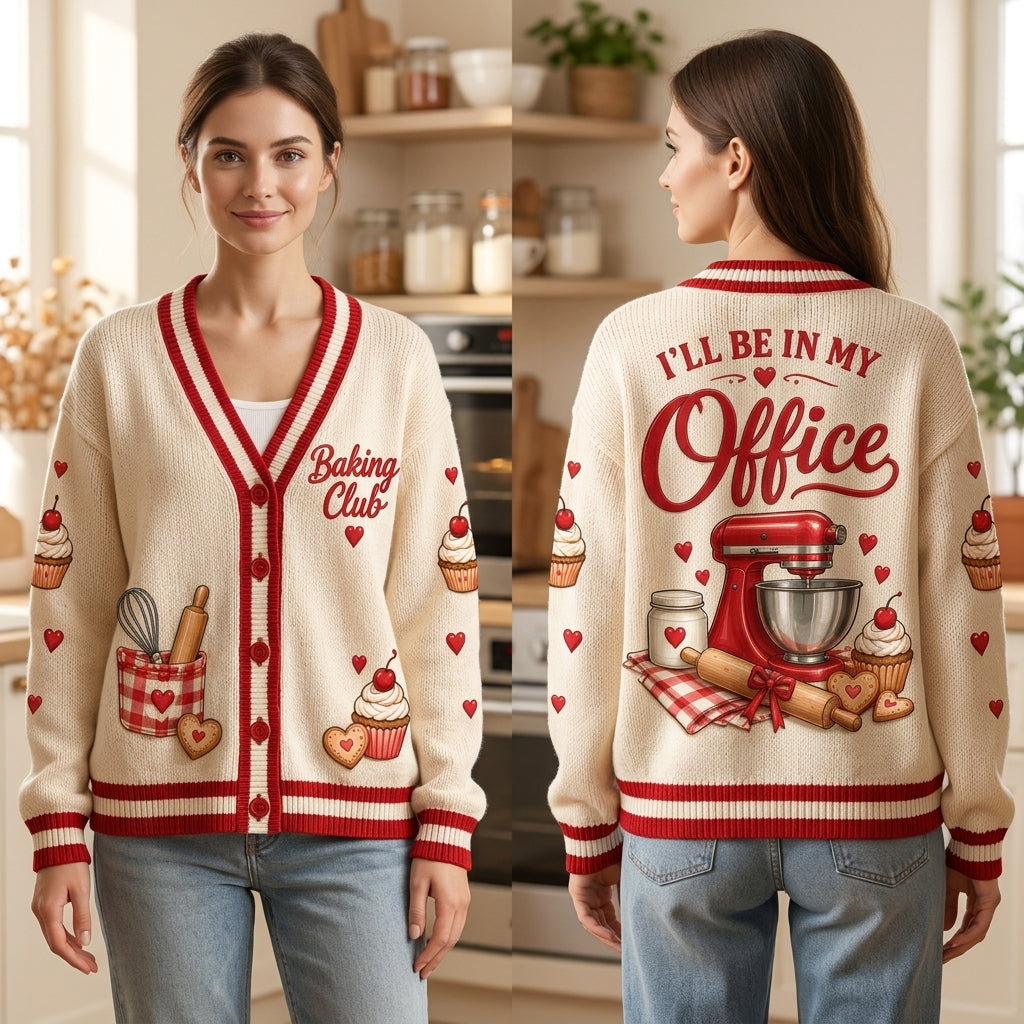 Baking Club I'll Be In My Office Knitted Cardigan - Cute Kitchen Gift for Bakers - mockup 1