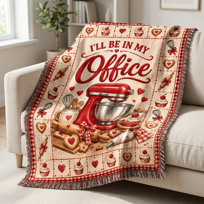 I'll Be In My Office Baking Woven Blanket – Red Stand Mixer Gift for Pastry Lovers - mockup 1