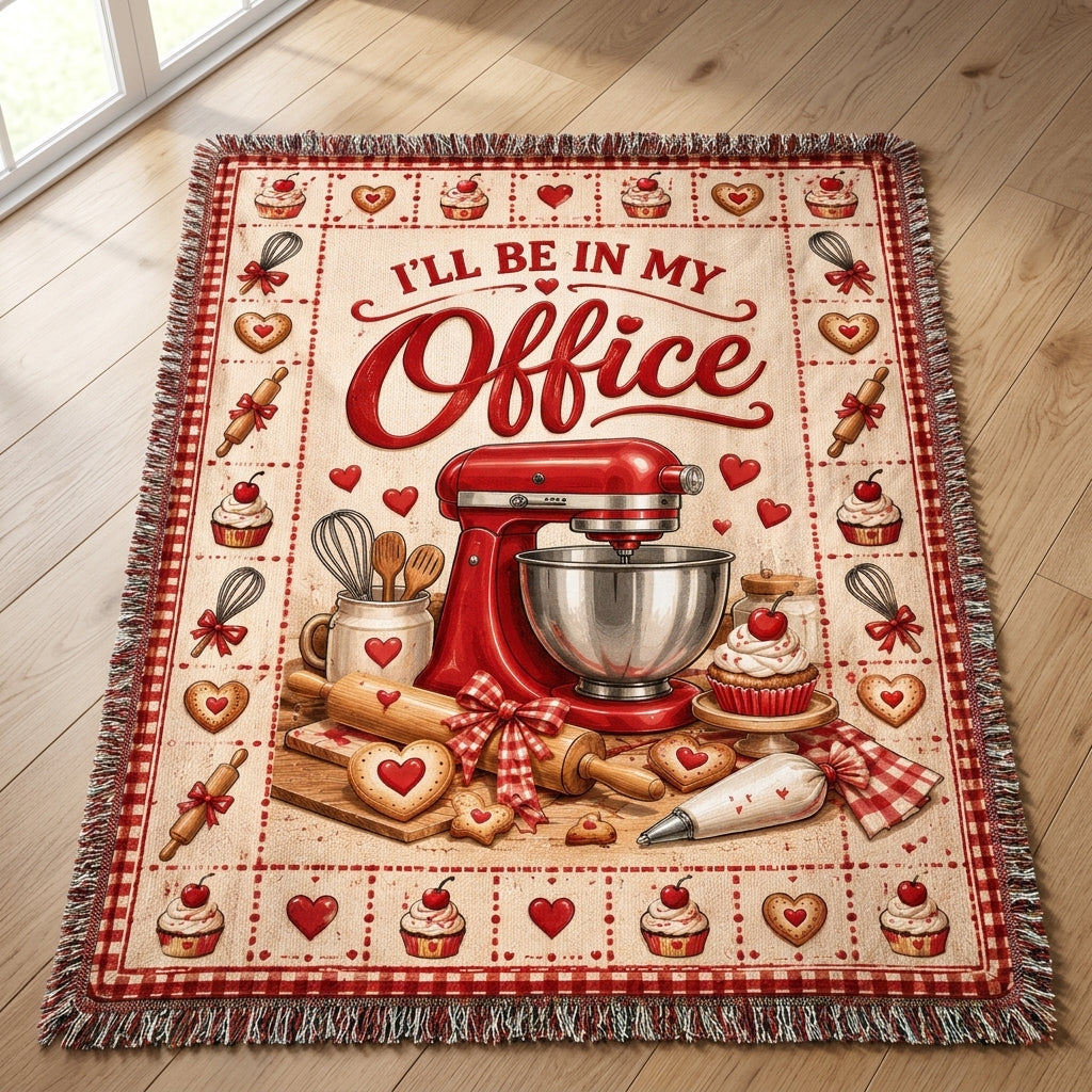 I'll Be In My Office Baking Woven Blanket – Red Stand Mixer Gift for Pastry Lovers - mockup 2