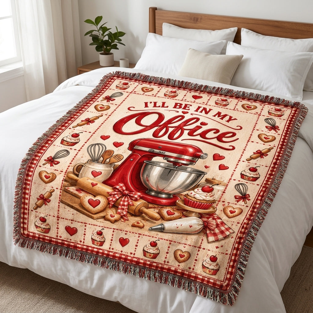 I'll Be In My Office Baking Woven Blanket – Red Stand Mixer Gift for Pastry Lovers - mockup 3