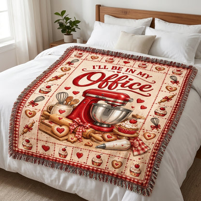 I'll Be In My Office Baking Woven Blanket – Red Stand Mixer Gift for Pastry Lovers - mockup 3