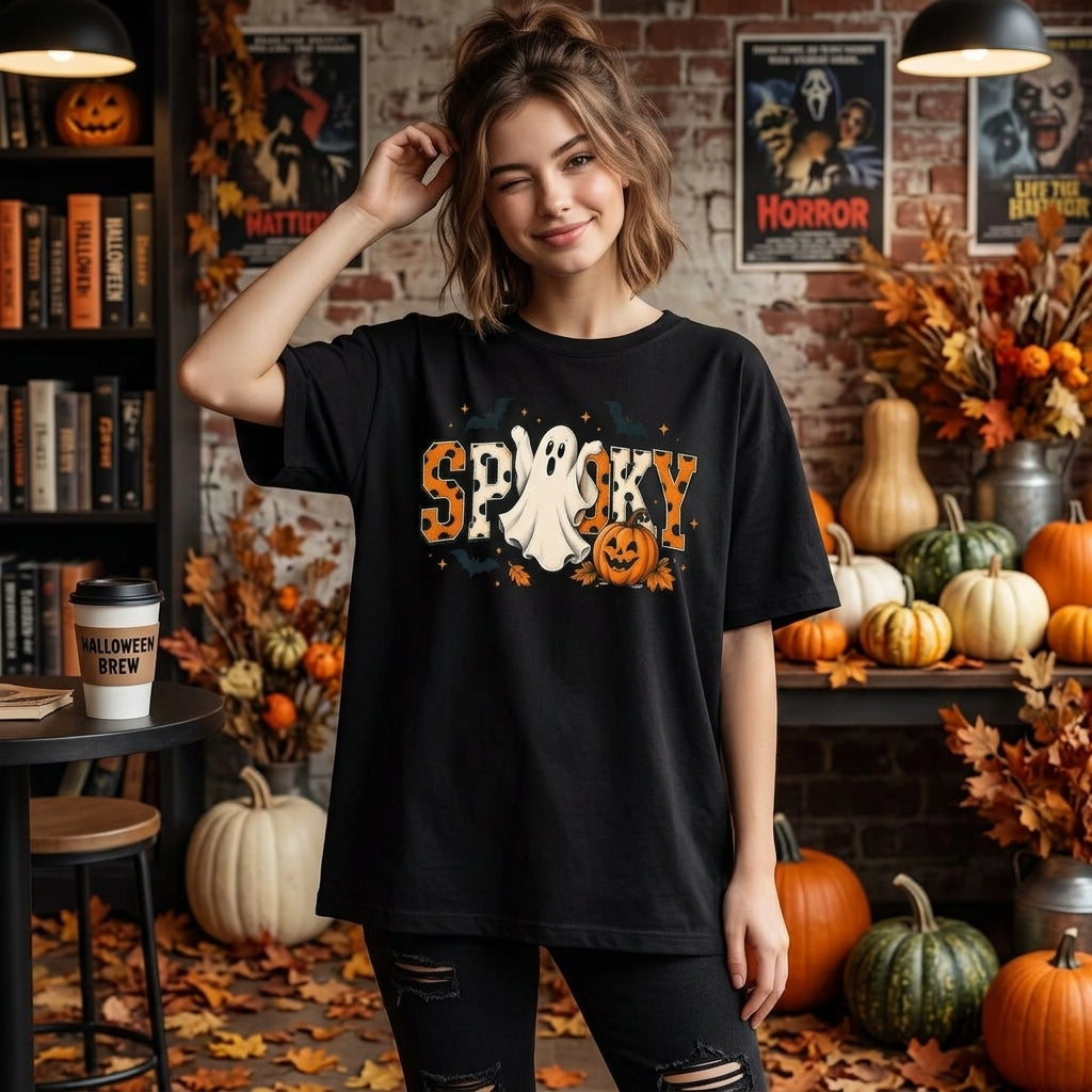 Retro Spooky Halloween Ghost T-shirt Sweatshirt Hoodie – Cute Pumpkin & Bats Graphic - mockup 1
