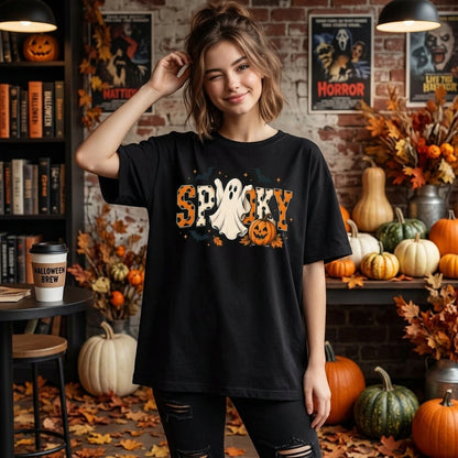 Retro Spooky Halloween Ghost T-shirt Sweatshirt Hoodie – Cute Pumpkin & Bats Graphic - mockup 1