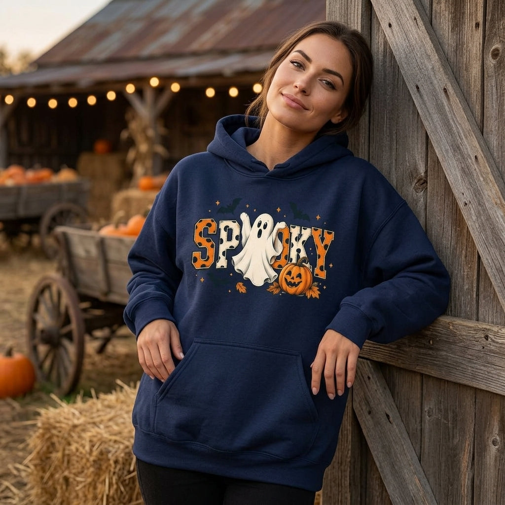 Retro Spooky Halloween Ghost T-shirt Sweatshirt Hoodie – Cute Pumpkin & Bats Graphic - mockup 3