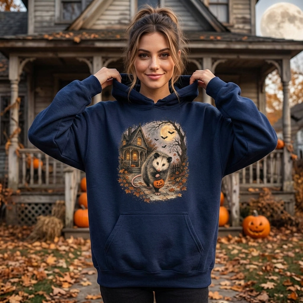 Vintage Opossum Halloween T-shirt Sweatshirt Hoodie – Cute Spooky Autumn Apparel - mockup 3