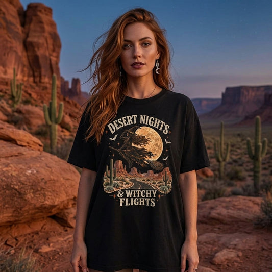 Desert Nights & Witchy Flights Vintage Halloween Witch T-Shirt Sweatshirt Hoodie - mockup 1