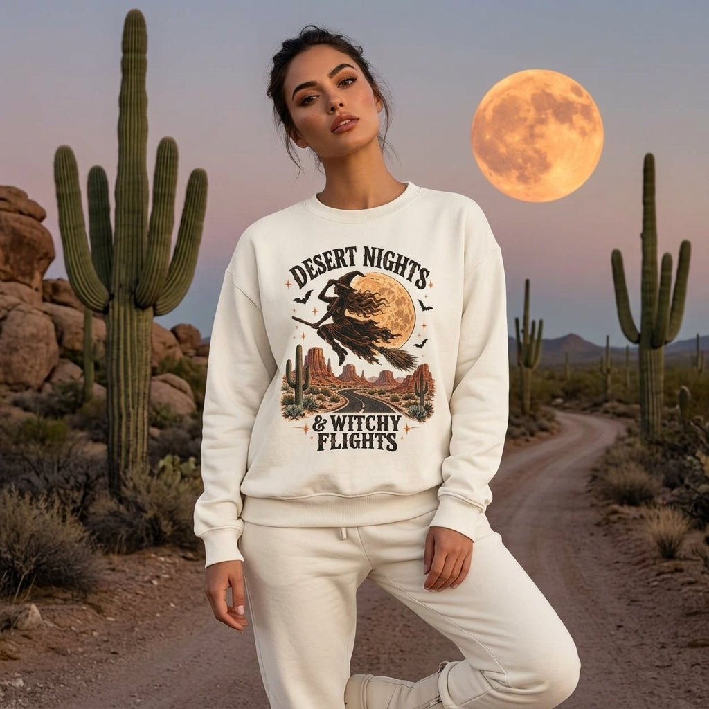 Desert Nights & Witchy Flights Vintage Halloween Witch T-Shirt Sweatshirt Hoodie - mockup 2