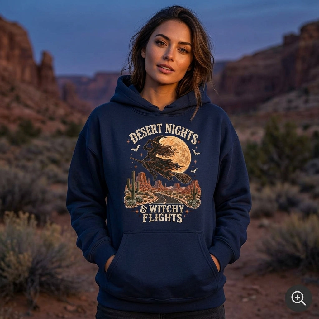 Desert Nights & Witchy Flights Vintage Halloween Witch T-Shirt Sweatshirt Hoodie - mockup 3