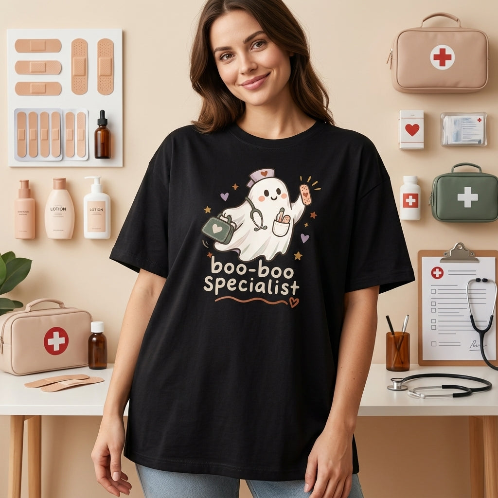 Funny Halloween School Nurse Ghost Boo-boo Specialist T-Shirt Sweatshirt Hoodie for Pediatric Staff - mockup 1