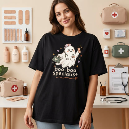 Funny Halloween School Nurse Ghost Boo-boo Specialist T-Shirt Sweatshirt Hoodie for Pediatric Staff - mockup 1