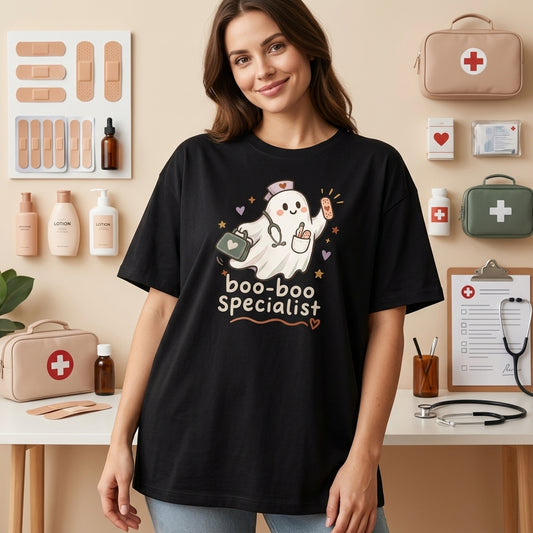 Funny Halloween School Nurse Ghost Boo-boo Specialist T-Shirt Sweatshirt Hoodie for Pediatric Staff - mockup 1