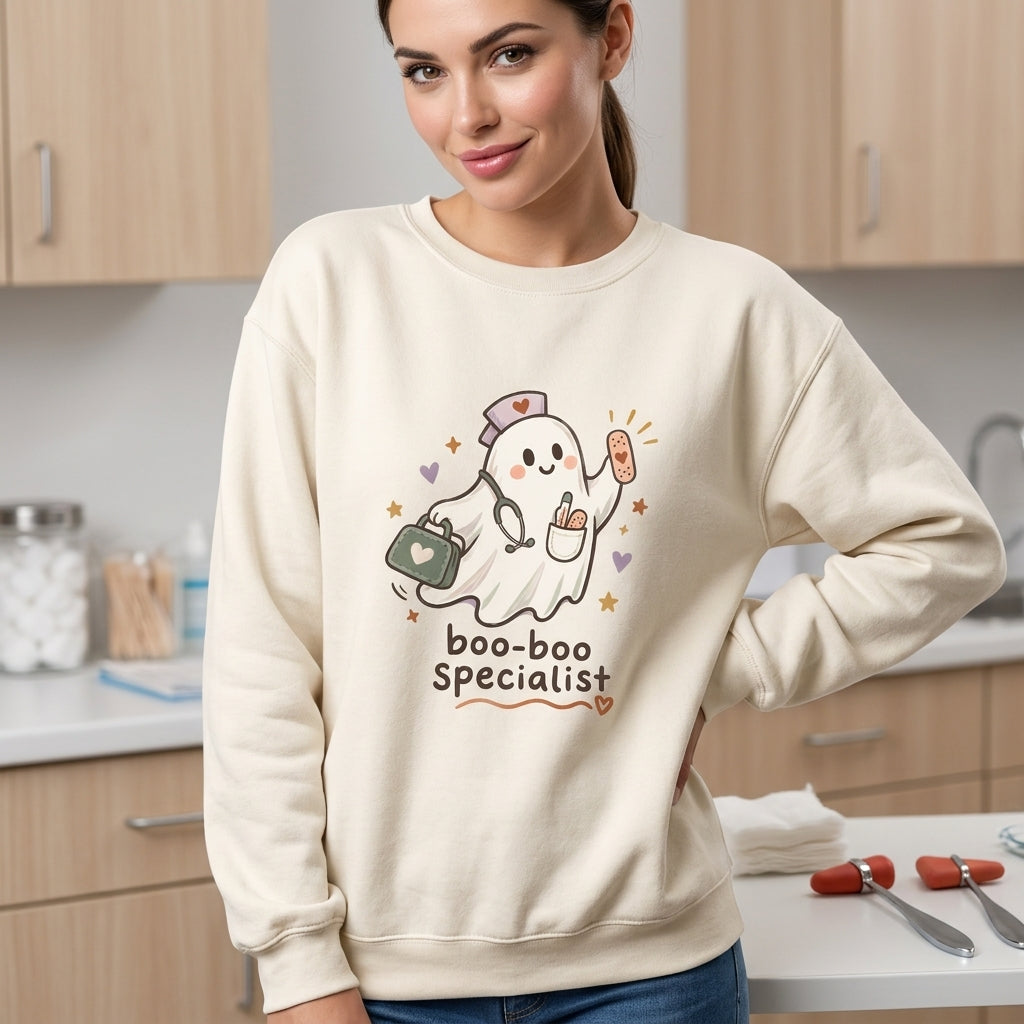 Funny Halloween School Nurse Ghost Boo-boo Specialist T-Shirt Sweatshirt Hoodie for Pediatric Staff - mockup 2
