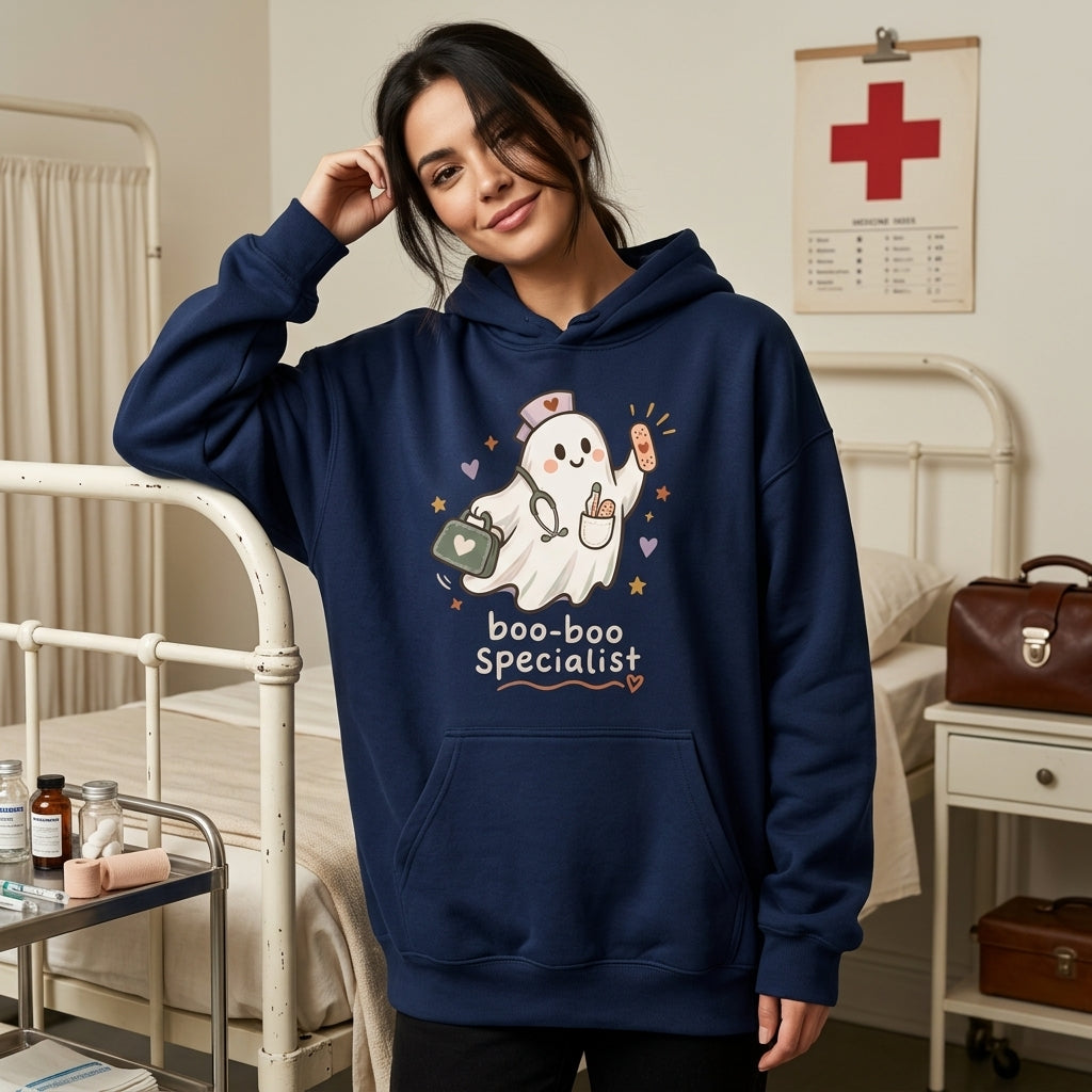 Funny Halloween School Nurse Ghost Boo-boo Specialist T-Shirt Sweatshirt Hoodie for Pediatric Staff - mockup 3