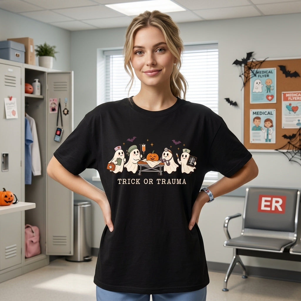 Trick or Trauma Ghost Nurse Halloween T-shirt Sweatshirt Hoodie – ER Healthcare Gift - mockup 1