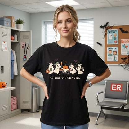 Trick or Trauma Ghost Nurse Halloween T-shirt Sweatshirt Hoodie – ER Healthcare Gift - mockup 1