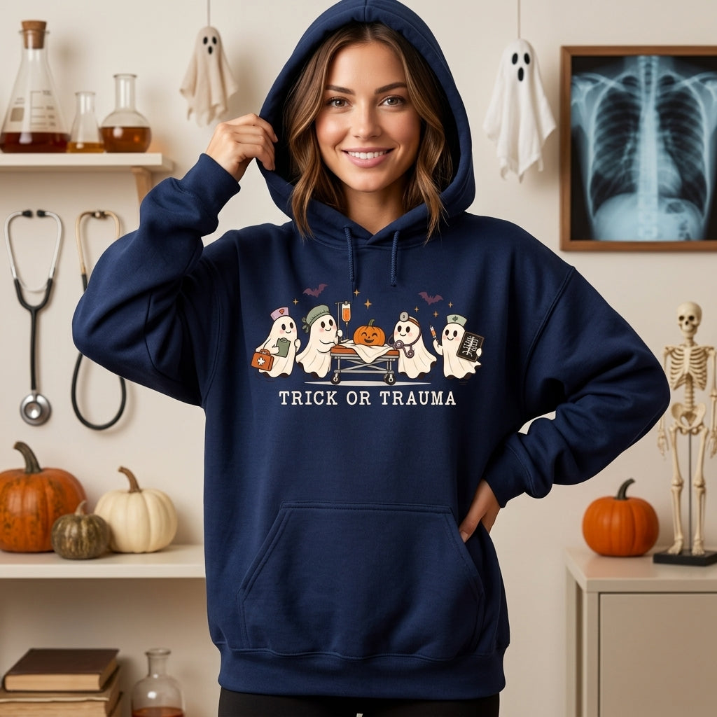 Trick or Trauma Ghost Nurse Halloween T-shirt Sweatshirt Hoodie – ER Healthcare Gift - mockup 3