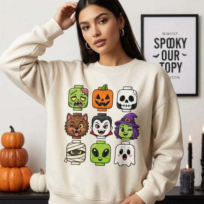 Retro Halloween Brick Monster T-shirt Sweatshirt Hoodie – Spooky Toy Fan Gift - mockup 2