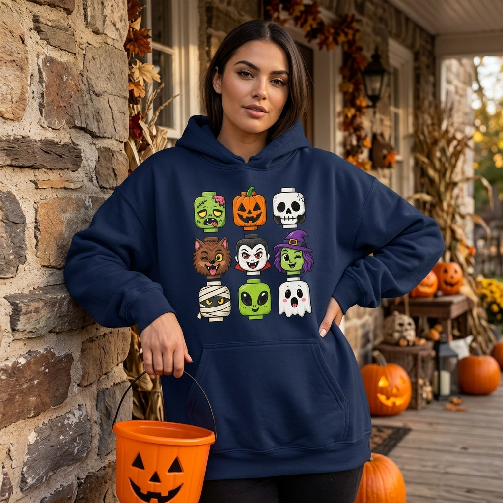 Retro Halloween Brick Monster T-shirt Sweatshirt Hoodie – Spooky Toy Fan Gift - mockup 3