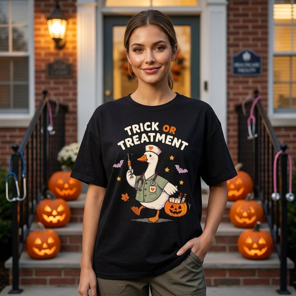 Trick Or Treatment Funny Goose Nurse T-shirt Sweatshirt Hoodie – Halloween RN Gift - mockup 1