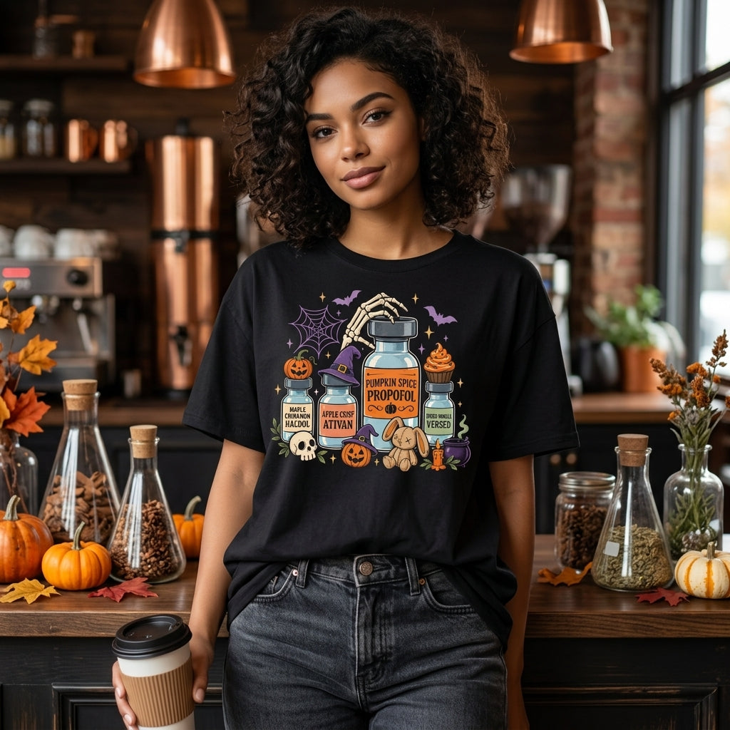 Pumpkin Spice Propofol Anesthesia Halloween T-shirt Sweatshirt Hoodie for CRNA Nurses - mockup 1
