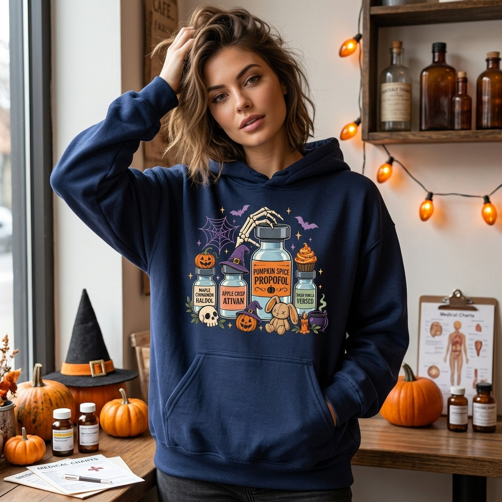Pumpkin Spice Propofol Anesthesia Halloween T-shirt Sweatshirt Hoodie for CRNA Nurses - mockup 3
