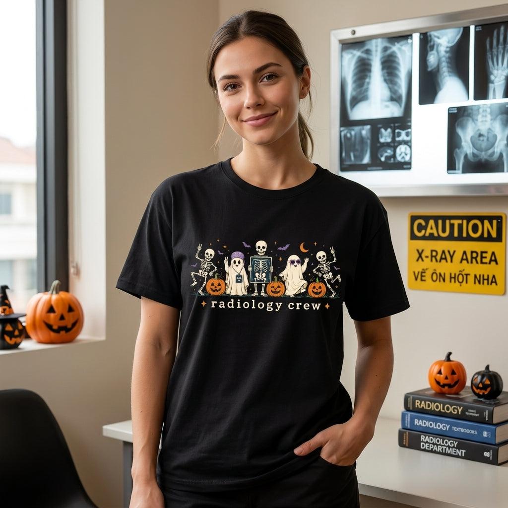Radiology Crew Halloween Shirt - Spooky Rad Tech Ghost & Skeleton Medical Team Apparel - mockup 1