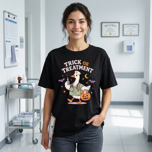Trick Or Treatment Funny Goose Nurse T-shirt Sweatshirt Hoodie – Halloween Medical Gift - mockup 1