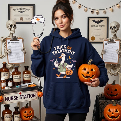 Trick Or Treatment Funny Goose Nurse T-shirt Sweatshirt Hoodie – Halloween Medical Gift - mockup 3