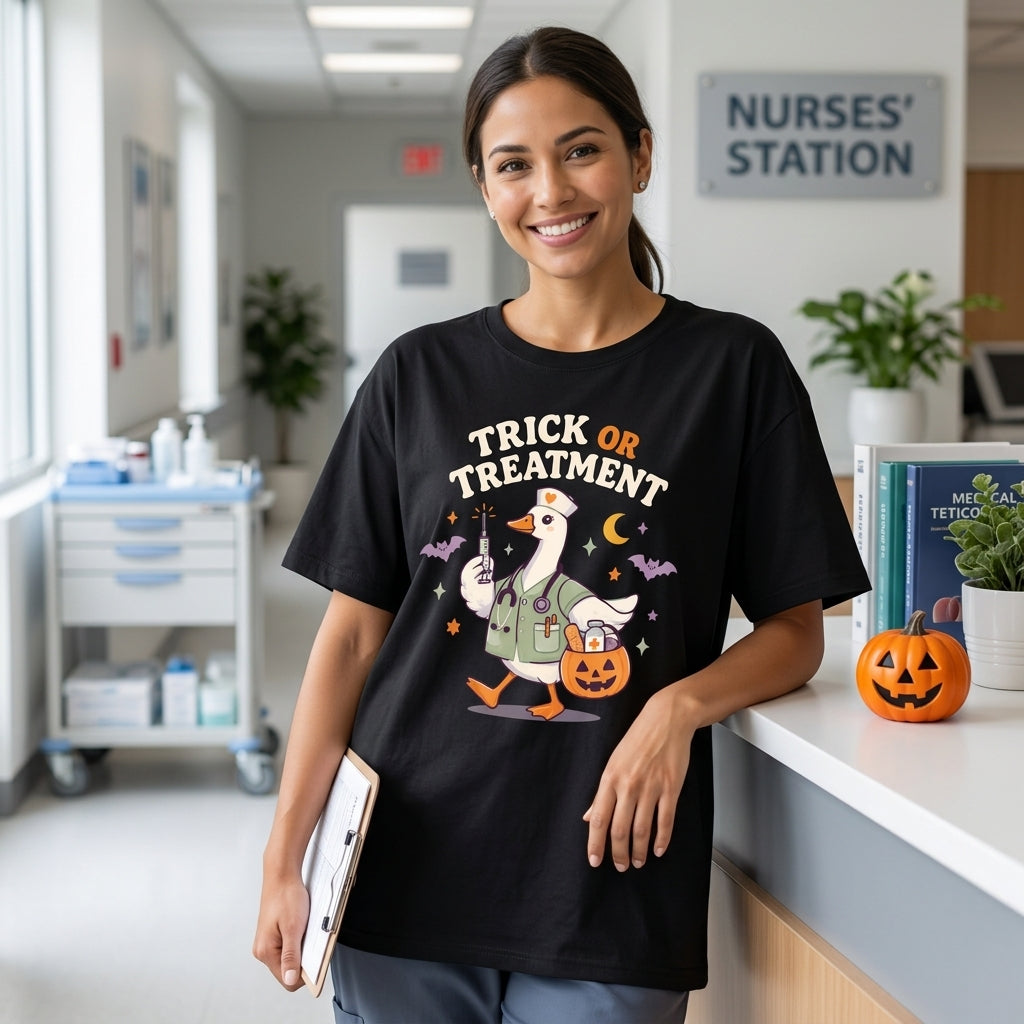 Trick Or Treatment Goose Nurse T-shirt Sweatshirt Hoodie – Halloween Nurse Gift For Women - mockup 1