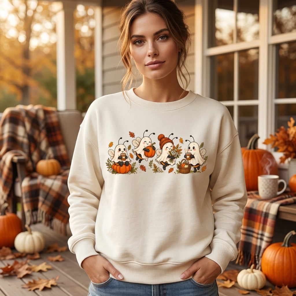 Cute Ghost Bee Halloween Autumn Coffee T-shirt Sweatshirt Hoodie – Fall Lover Gift - mockup 2