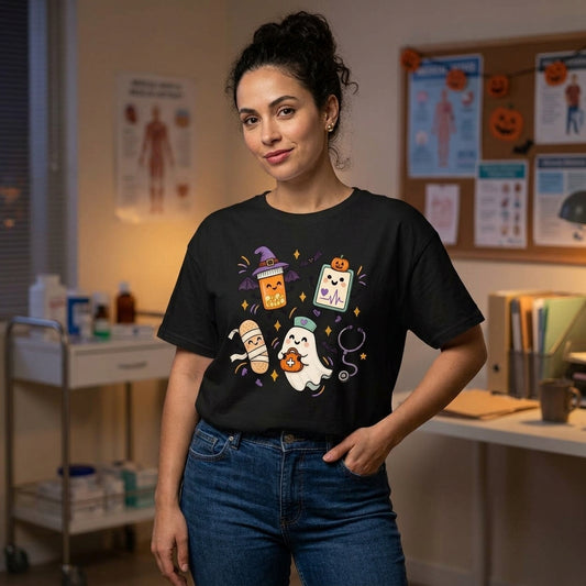 Halloween Nursing Doodle T-Shirt Sweatshirt Hoodie – Cute Ghost Nurse Medical Gift - mockup 1