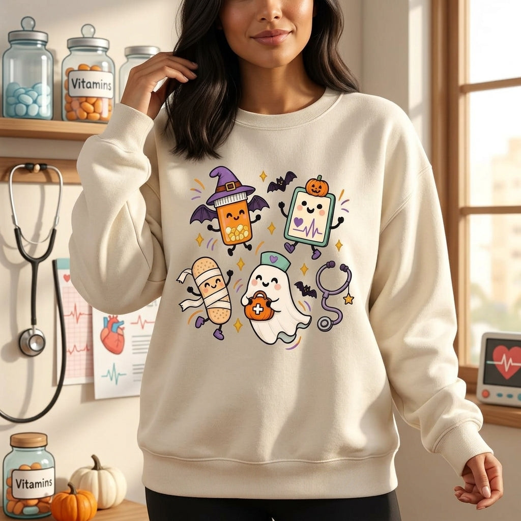 Halloween Nursing Doodle T-Shirt Sweatshirt Hoodie – Cute Ghost Nurse Medical Gift - mockup 2