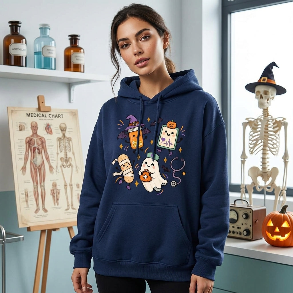 Halloween Nursing Doodle T-Shirt Sweatshirt Hoodie – Cute Ghost Nurse Medical Gift - mockup 3