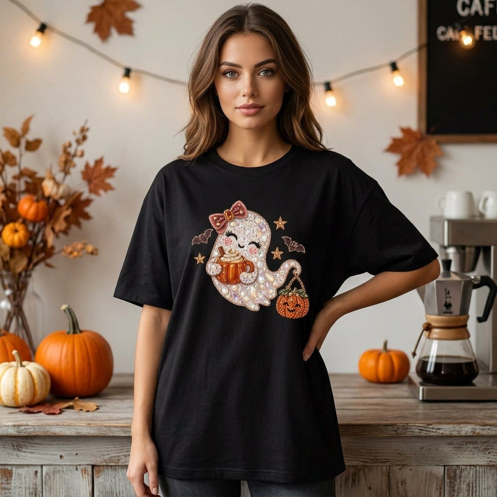 Rhinestone Glam Ghost with Pumpkin Latte T-shirt Sweatshirt Hoodie – Cute Halloween Apparel - mockup 1