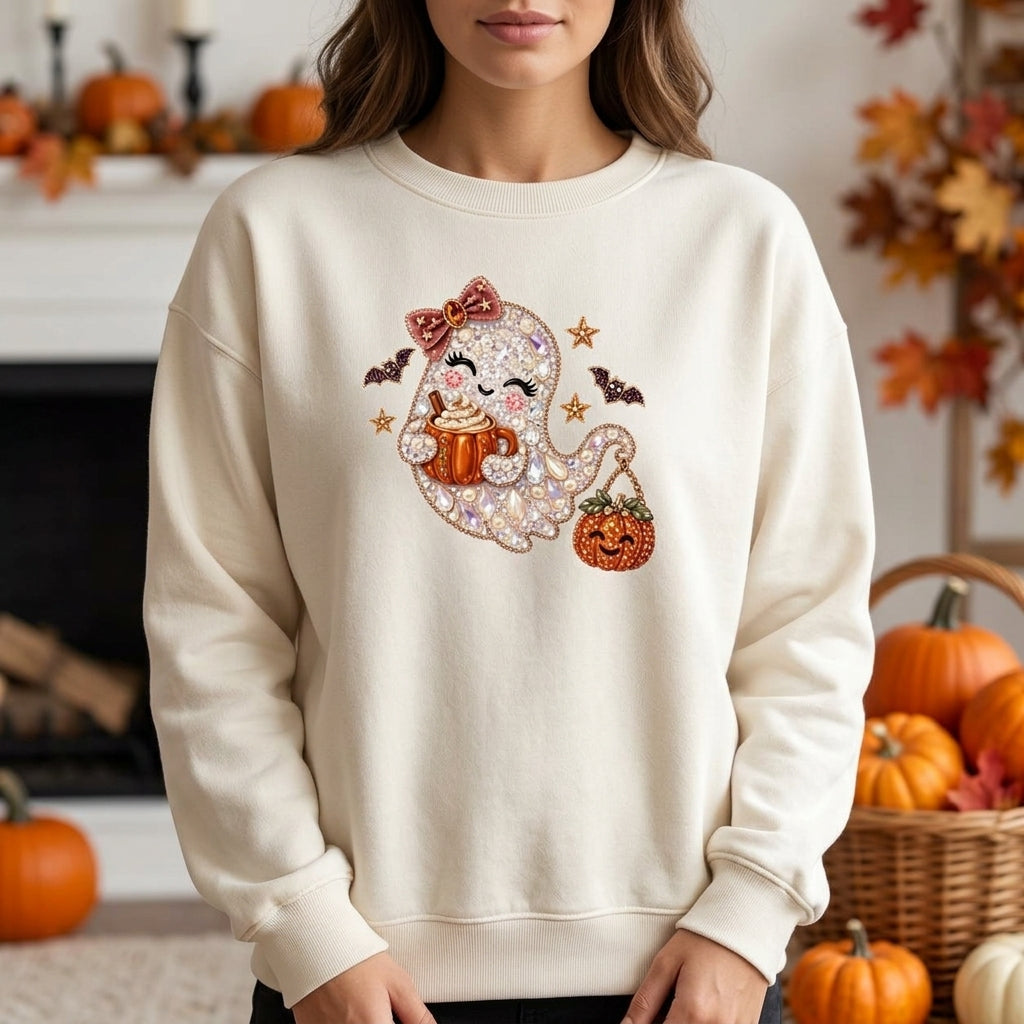 Rhinestone Glam Ghost with Pumpkin Latte T-shirt Sweatshirt Hoodie – Cute Halloween Apparel - mockup 2