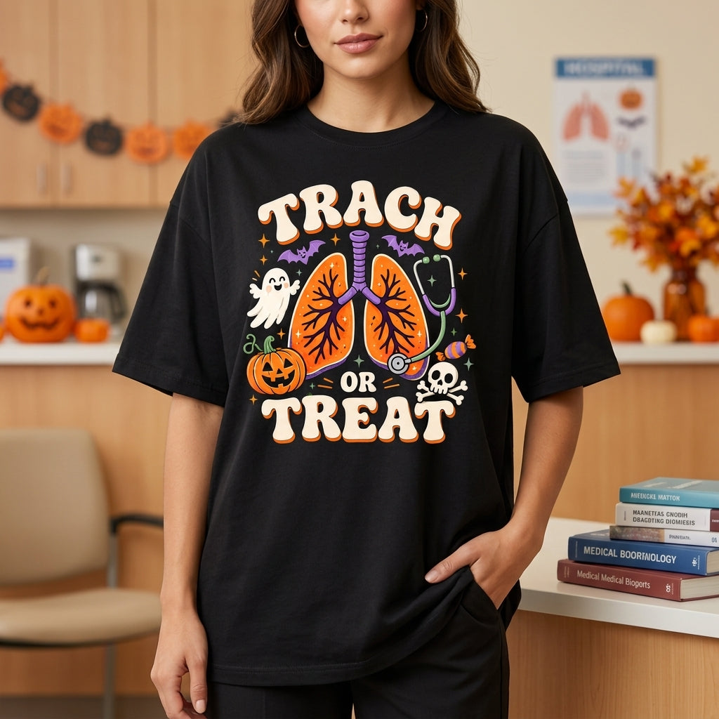 Trach Or Treat Respiratory Therapist Halloween T-shirt Sweatshirt Hoodie - RT PICU Spooky Nurse Top - mockup 1