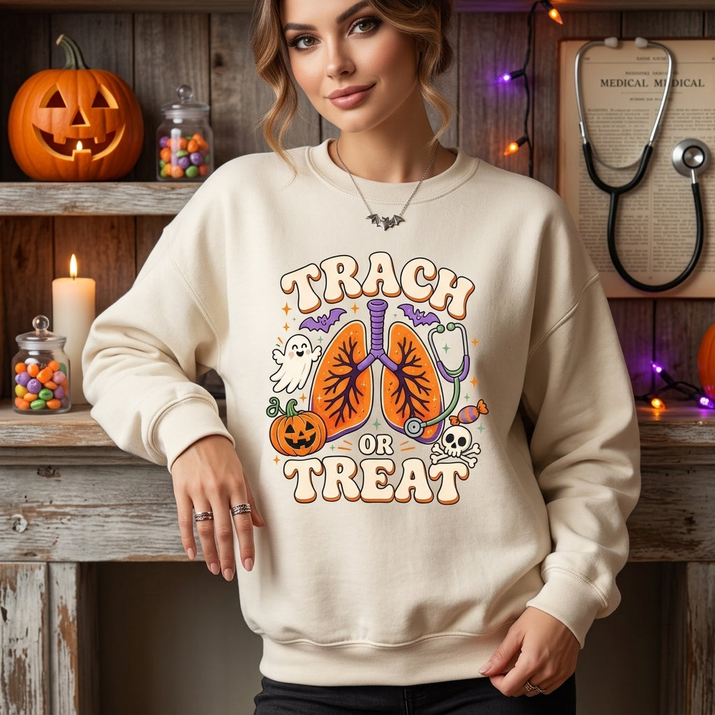 Trach Or Treat Respiratory Therapist Halloween T-shirt Sweatshirt Hoodie - RT PICU Spooky Nurse Top - mockup 2