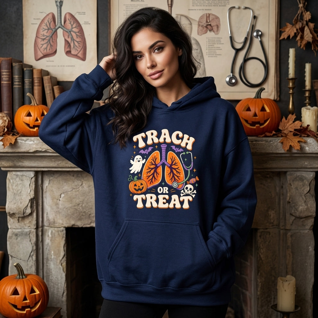 Trach Or Treat Respiratory Therapist Halloween T-shirt Sweatshirt Hoodie - RT PICU Spooky Nurse Top - mockup 3