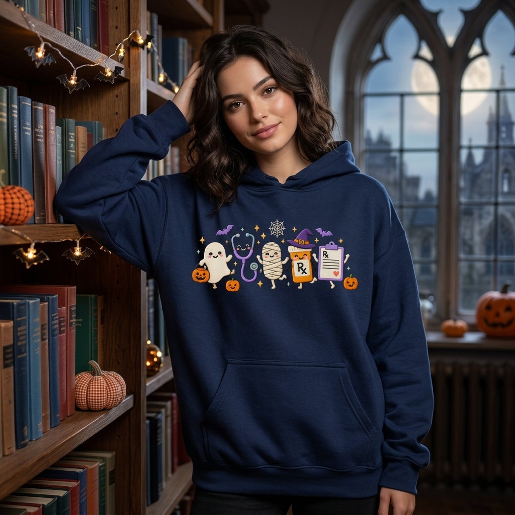 Halloween Nursing Doodle T-Shirt Sweatshirt Hoodie – Spooky Nurse Life Gift - mockup 3